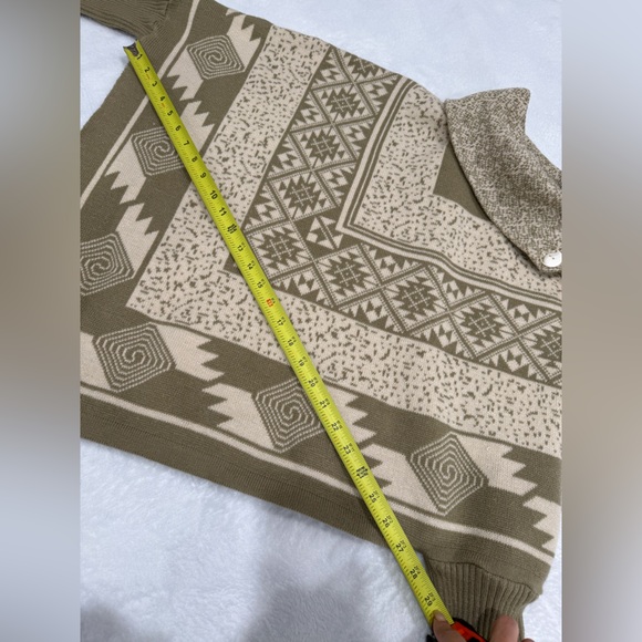 Boho Geometric Knit Poncho Sweater | Button Cowl Neck | Neutral Tan - Picture 11 of 11